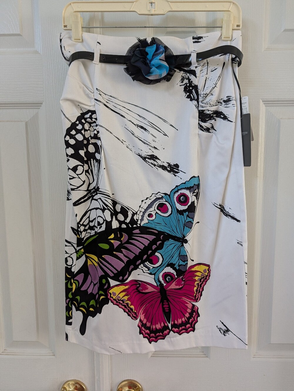 Floral Butterfly Midi Skirt in White with Pink & Blue Accents- Tags Attached